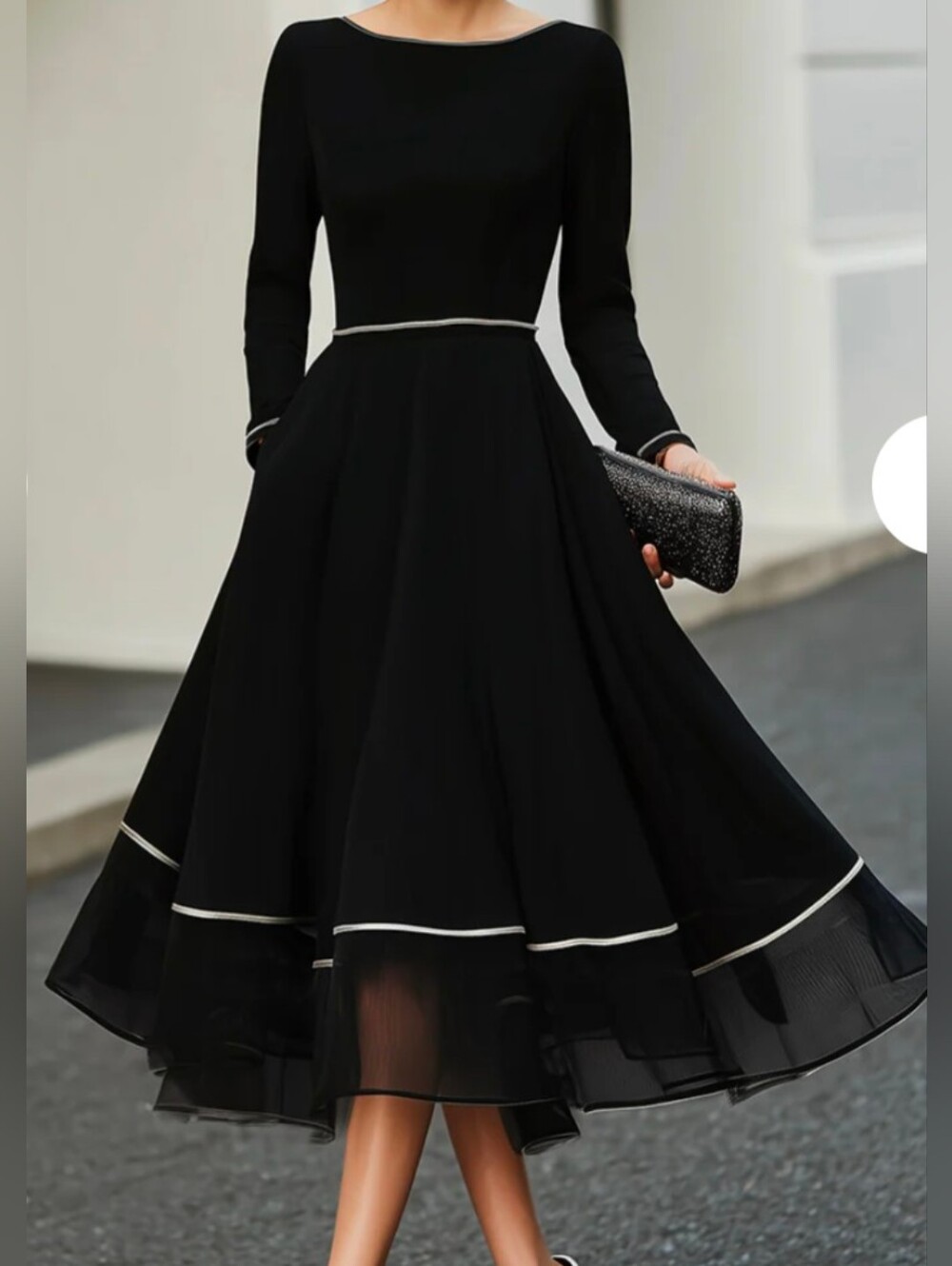 Mooyius Long Sleeve Contrast Trim Midi Dress With Flared Skirt Size Large NWT - Picture 2 of 12